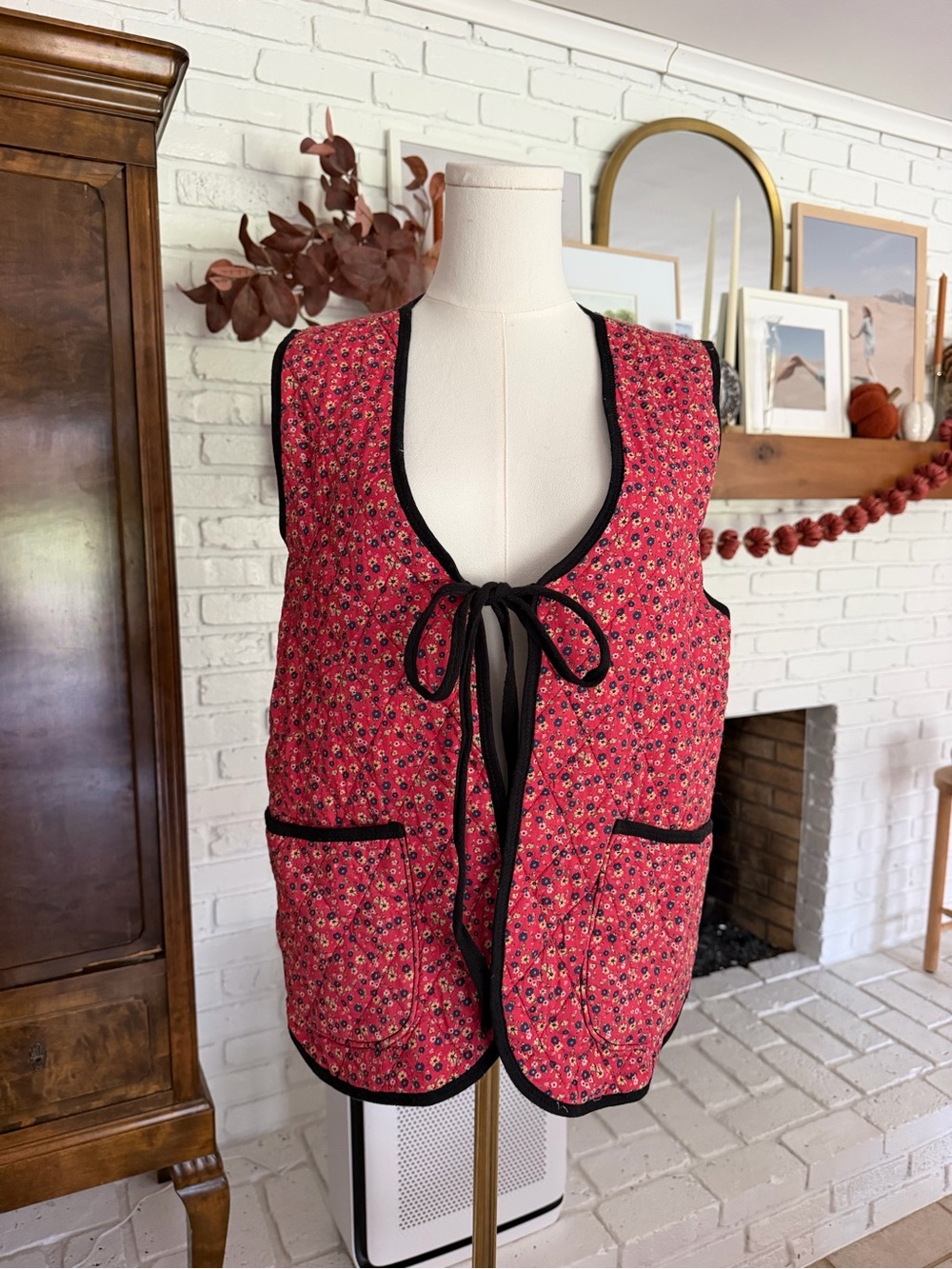 Free People Red Floral Quilted Vest with Black Trim and Tie